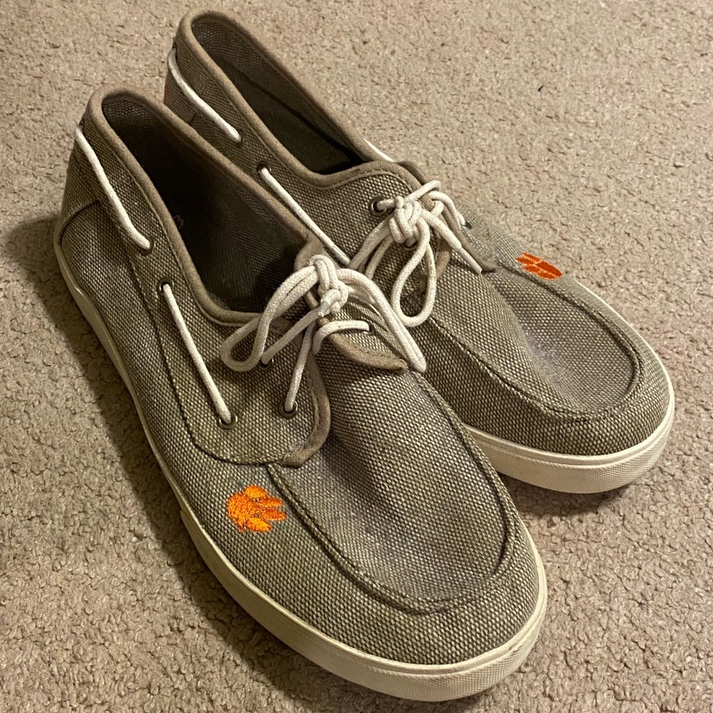 Men’s Clemson boat shoes size 12, slip on loafers, barely worn, khaki, orange